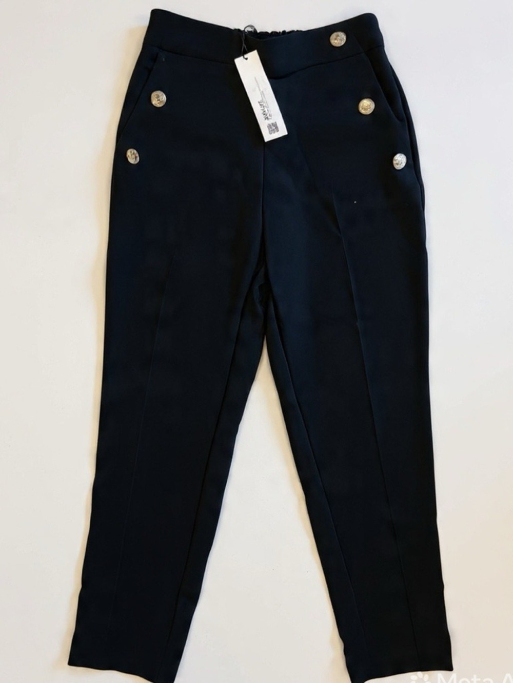 Zara Black High Rise Straight Leg Pants Gold Button Detail Pull On Trousers XS